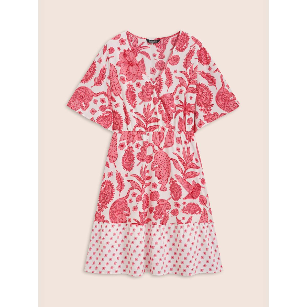 Plus Size Overlap Collar Boho Print Patchwork Dress Salmon Women Resort Patchwork Overlap Collar Half Sleeve Curvy BloomChic 10/M Product Image