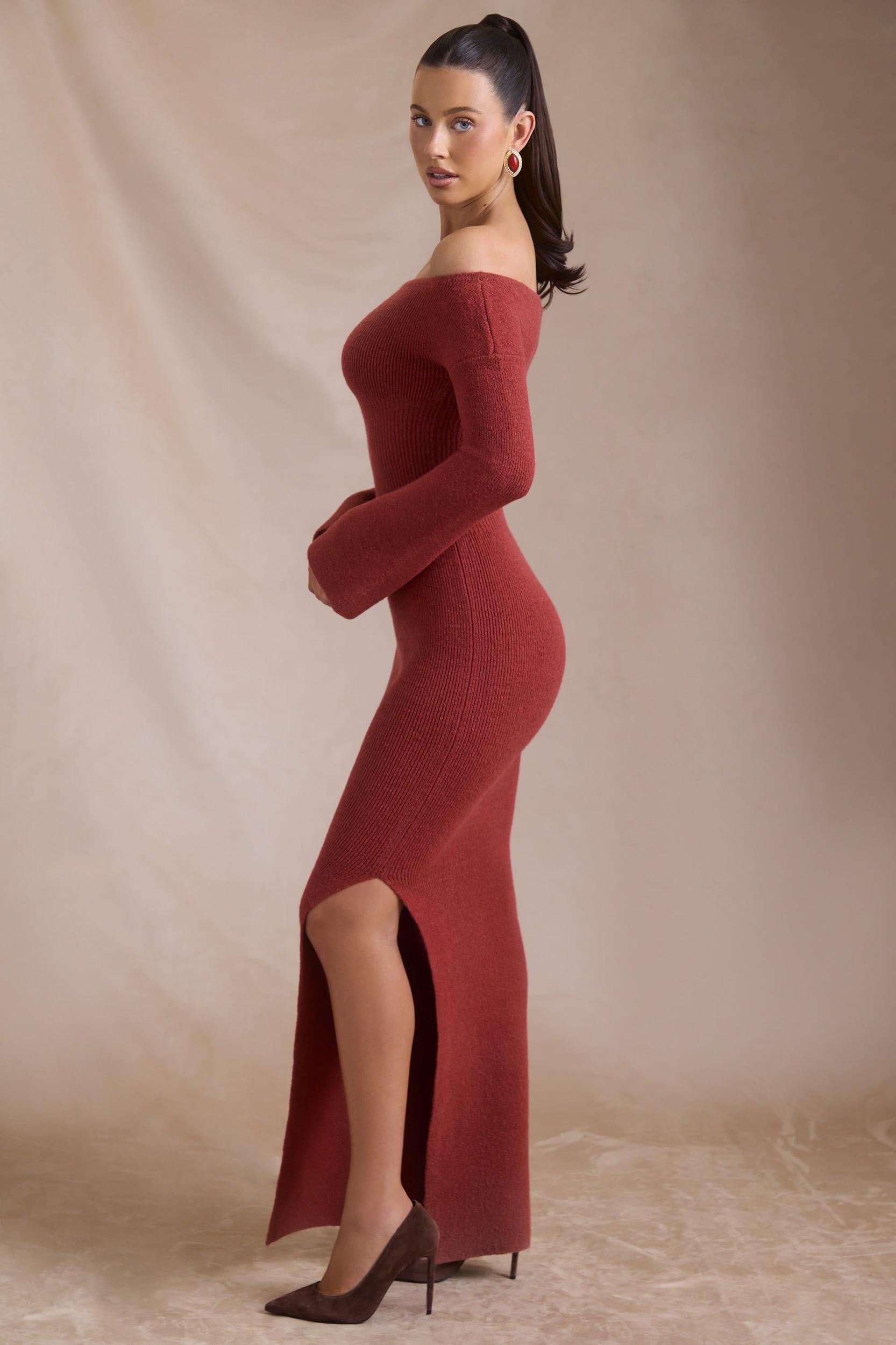 Ribbed-Knit Off-Shoulder Maxi Dress in Brick Red Product Image