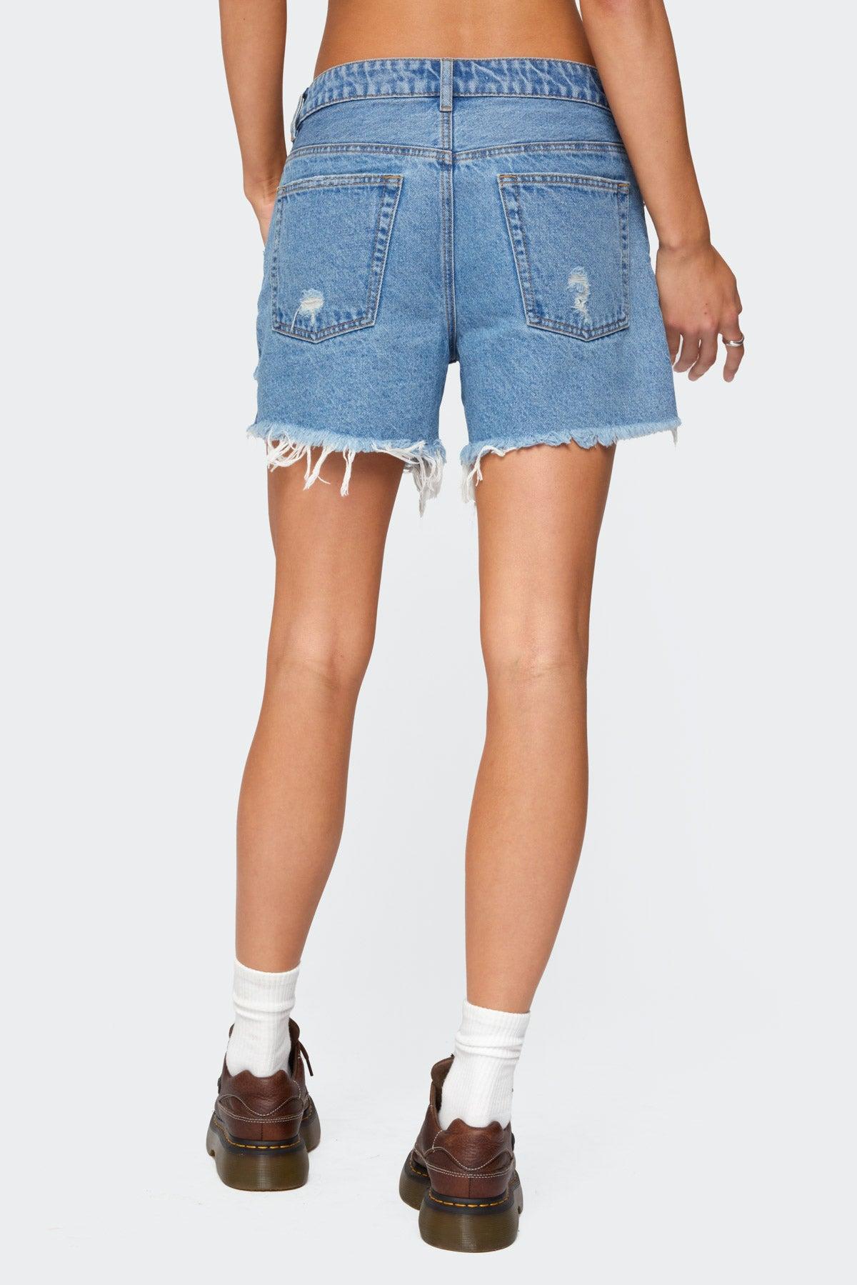 Cale Distressed Low Rise Denim Shorts Product Image