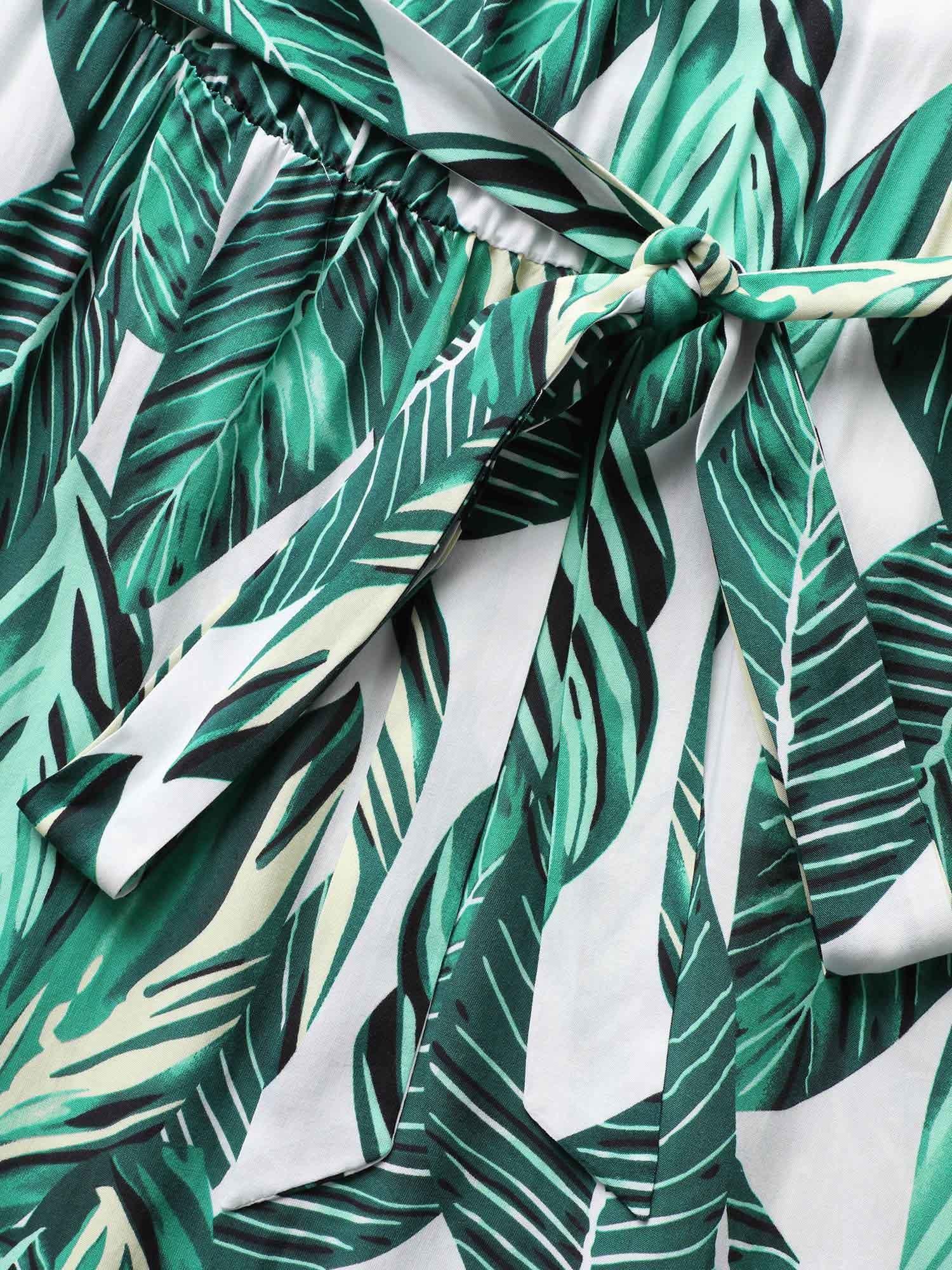 Tropical Print Knotted Pocket Ruffles Belted Halter Dress Female Product Image