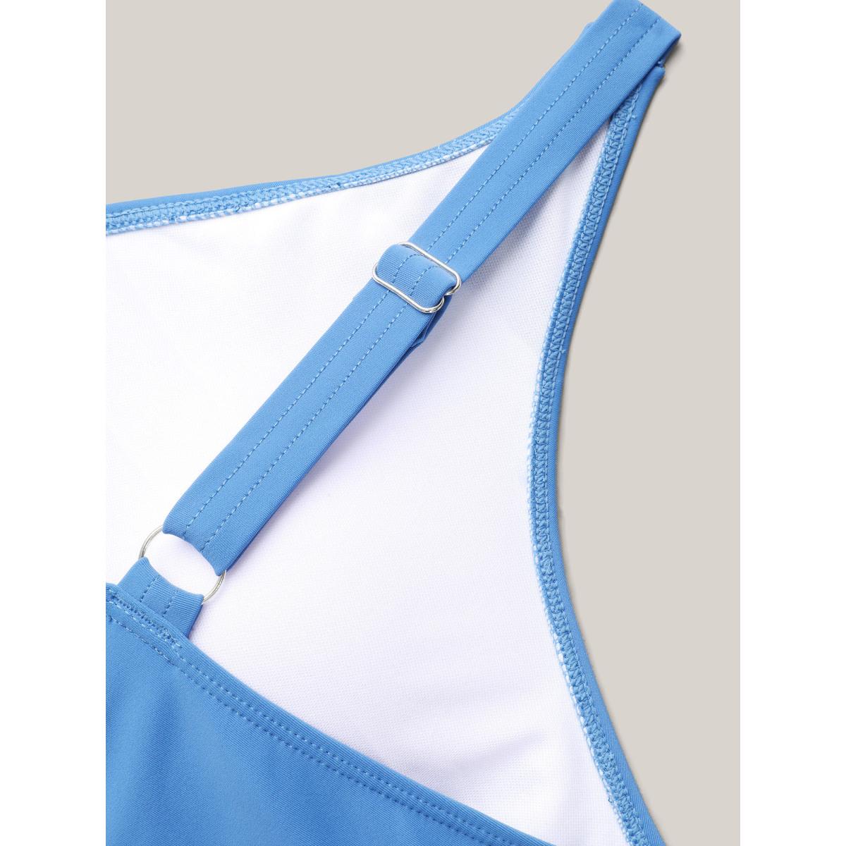 Plus Size Color-Block Surplice Neck Adjustable Swim Dress Women's Swimwear Mediumblue Beach Bodycon Overlap Collar High stretch Curve Swim Dresses BloomChic 12/L Product Image