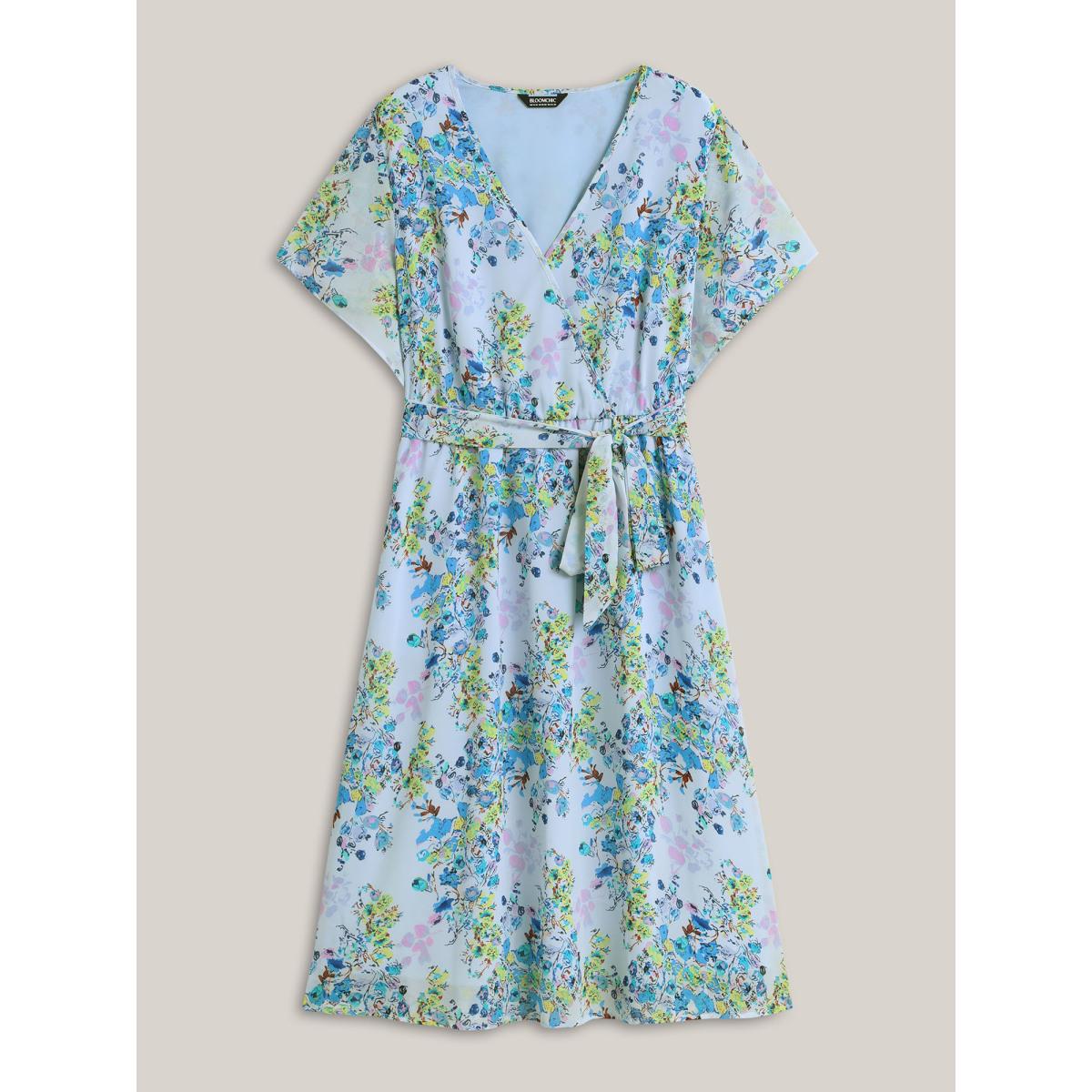 Plus Size Breezy Floral Lined Pockets Midi Dress LightBlue Women Overlap Collar Short sleeve Curvy BloomChic 28/5X Product Image