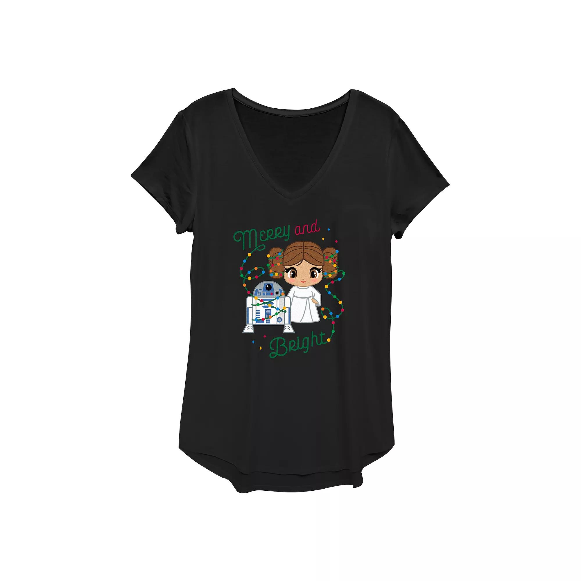 Women's Star Wars R2-D2 And Princess Leia Organa Merry And Bright Graphic Tee,  Product Image