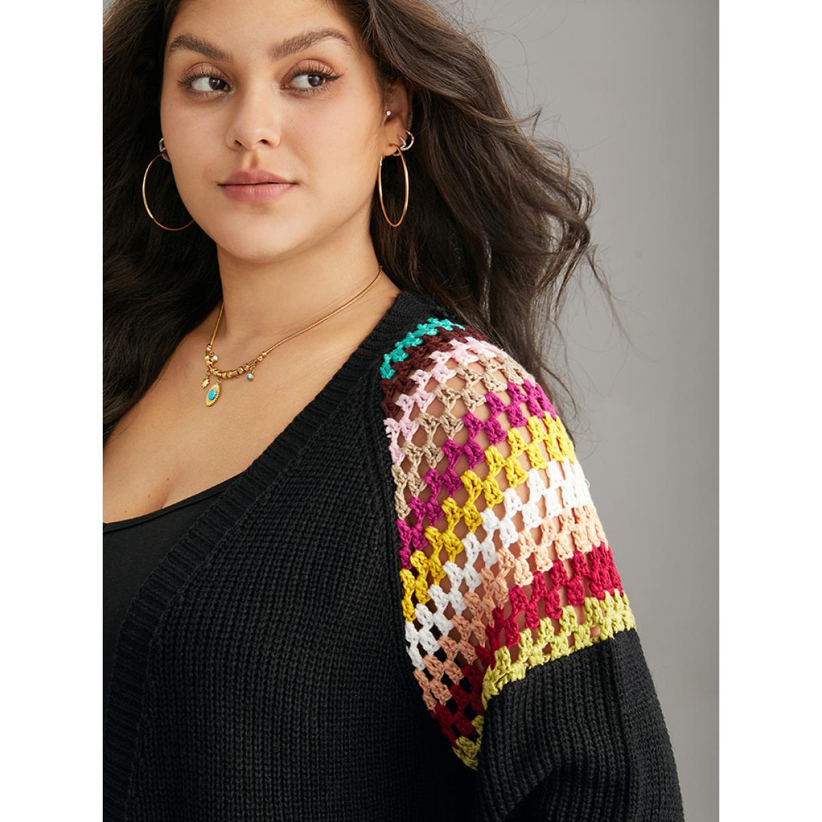 Plus Size Rainbow Embroidered Raglan Sleeve Open Front Cardigan Black Women Casual Loose Long Sleeve Dailywear Cardigans BloomChic 14-16/1X Product Image