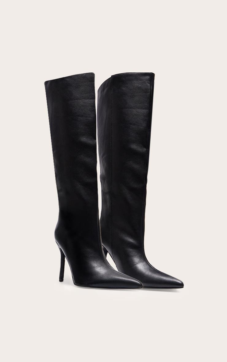 Black PU Point Toe Stiletto Knee High Heeled Boots Product Image