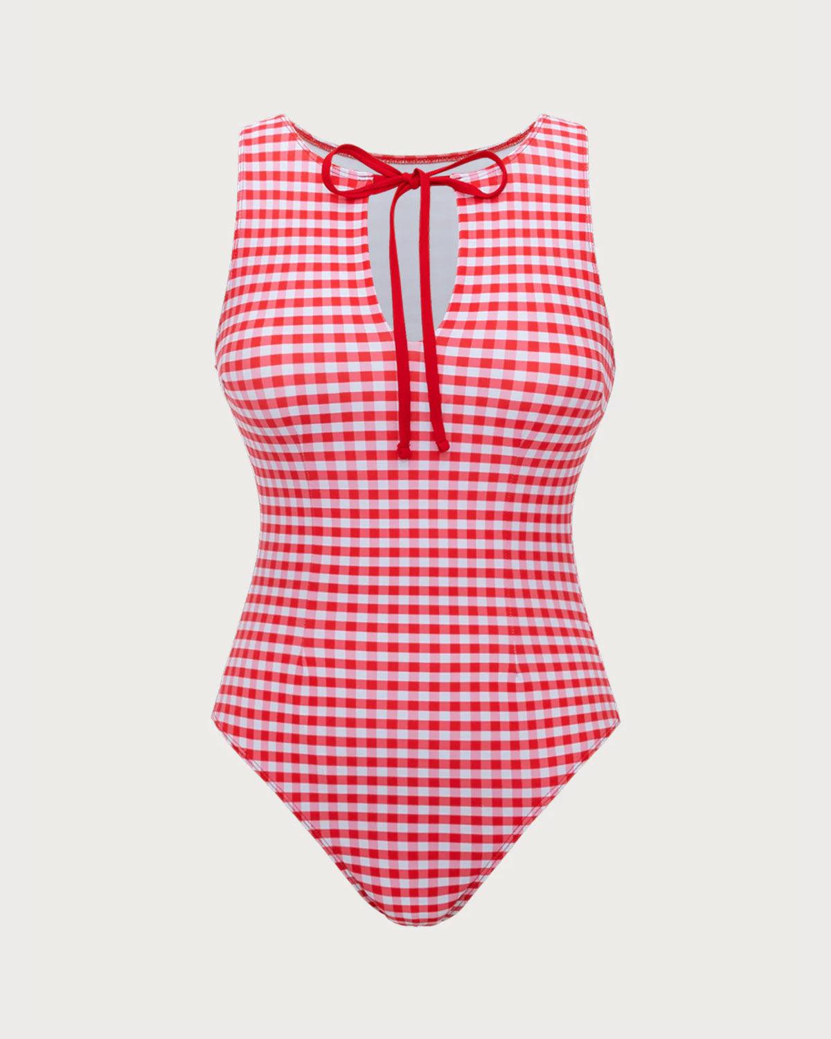 Red Plaid Retro One-Piece Swimsuit Product Image