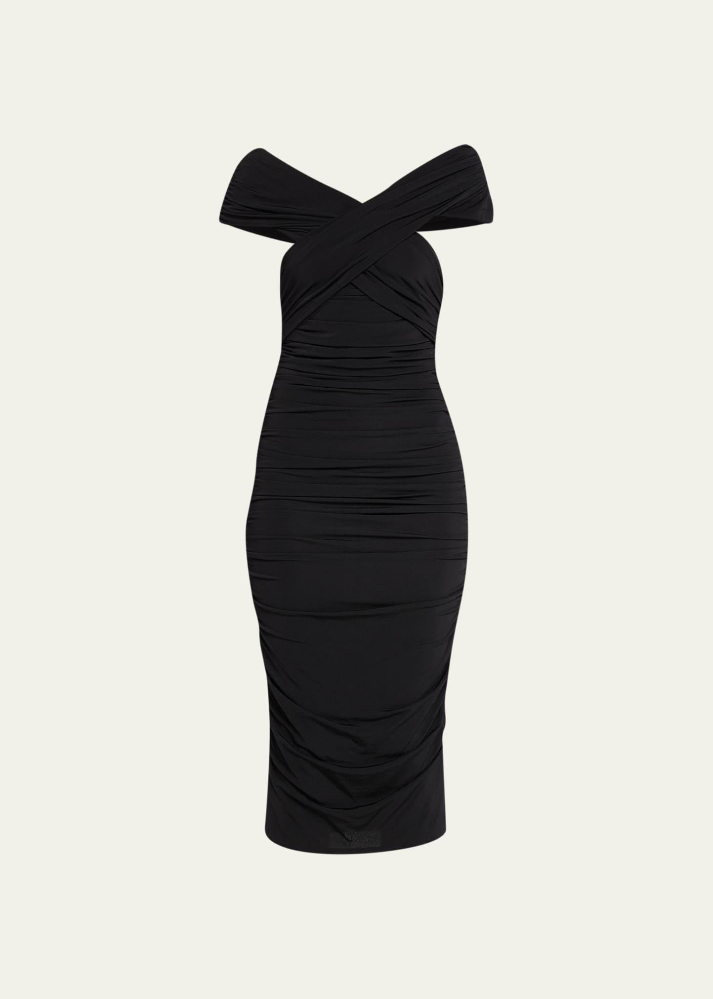Off-The-Shoulder Ruched Jersey Midi Dress Product Image