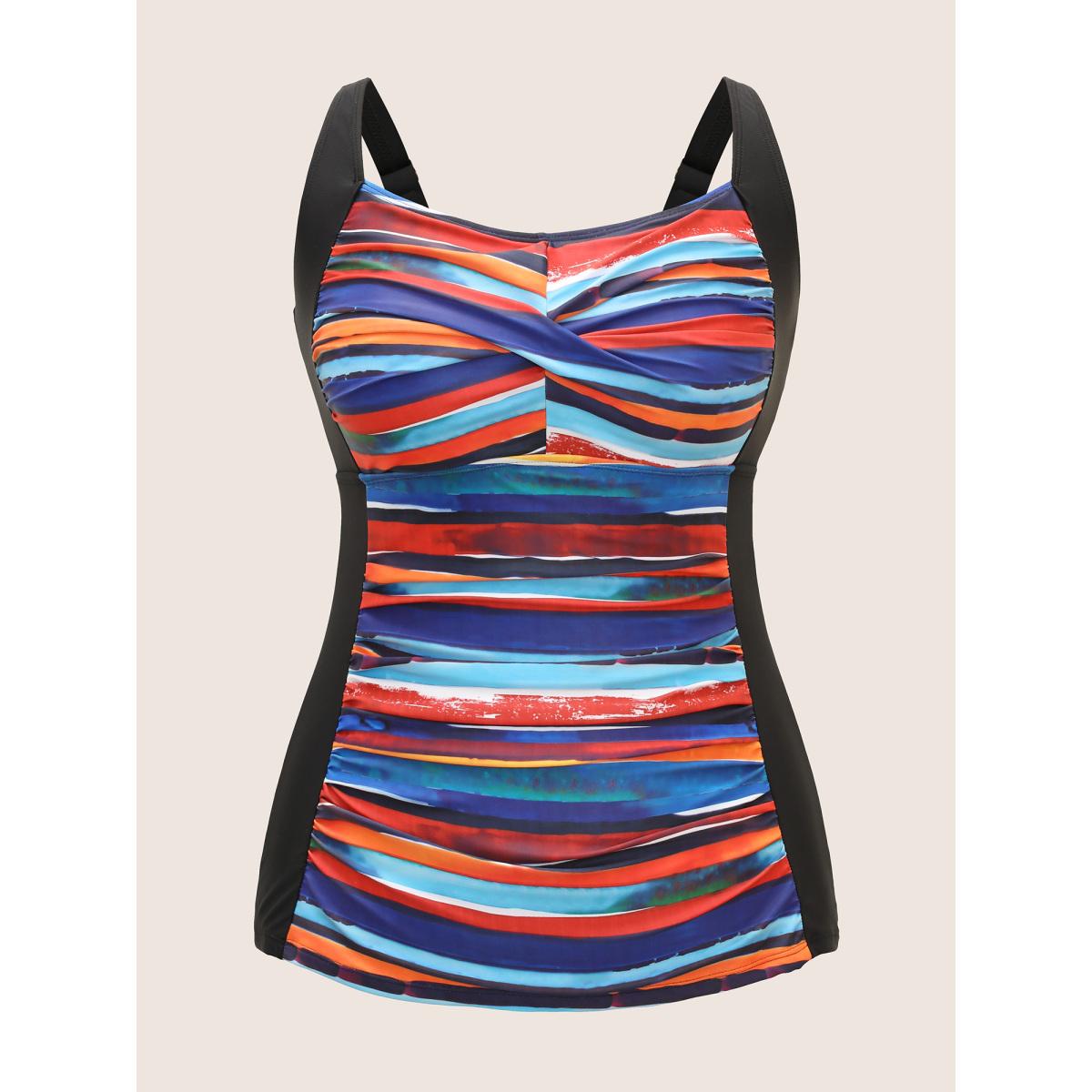 Plus Size Colored Striped Gathered Twist Front Swim Top Women's Swimwear Multicolor Beach Twist High stretch Skinny Heart neckline Curve Swim Tops BloomChic 14-16/1X Product Image