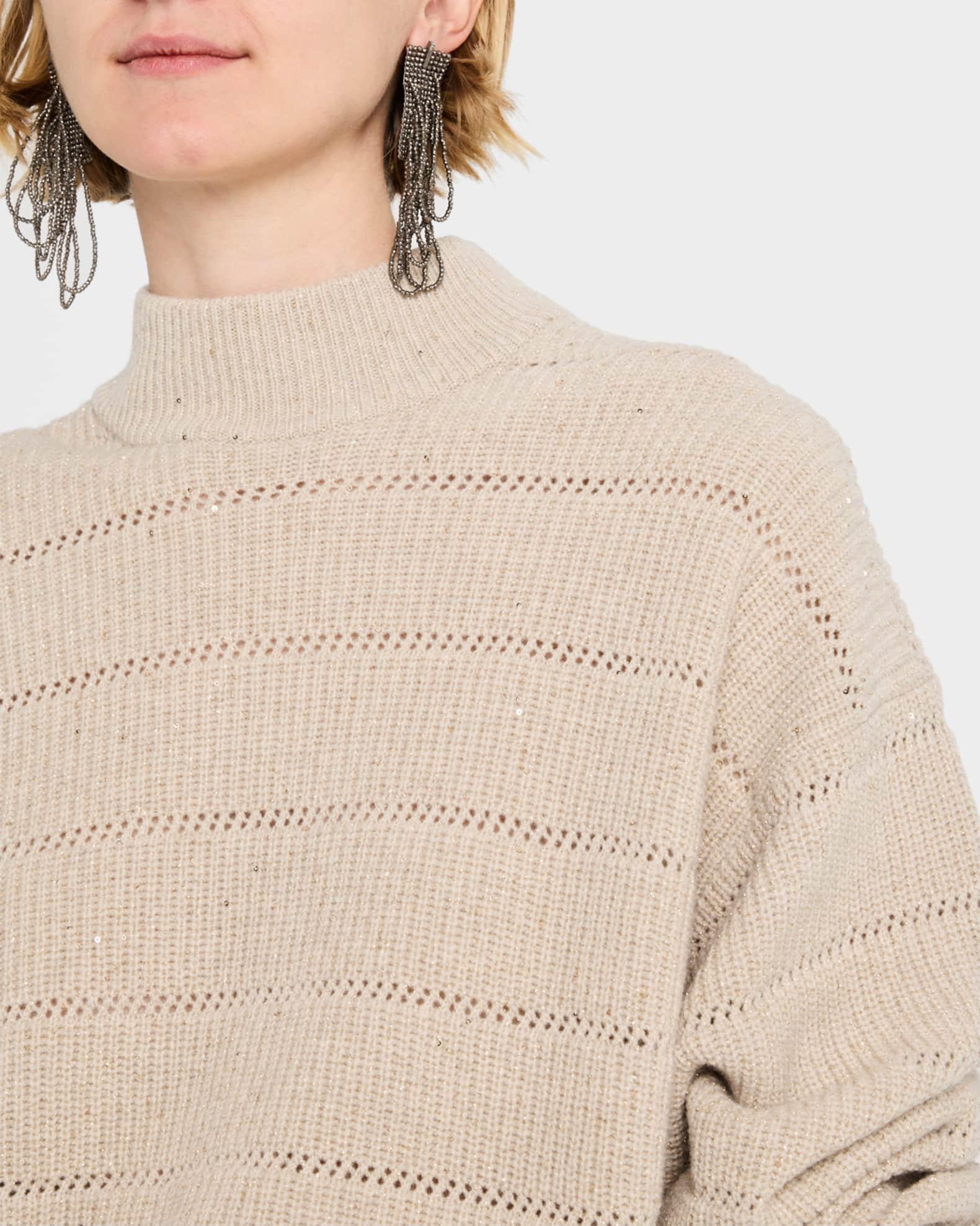 Mock-Neck Paillette Horizontal Open-Knit Sweater Product Image