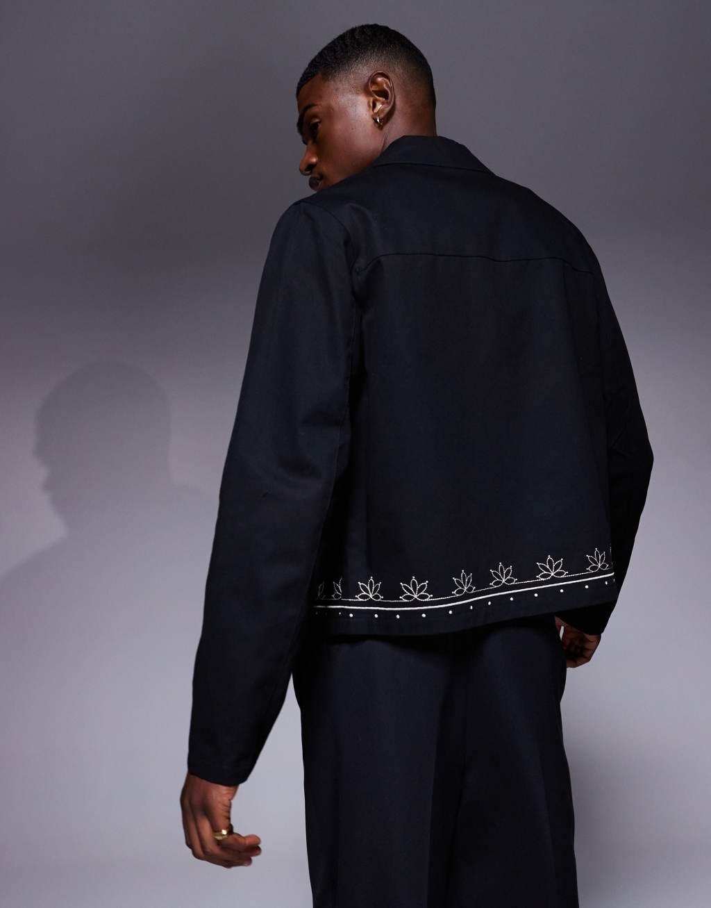 ASOS DESIGN embroidered harrington jacket in black Product Image