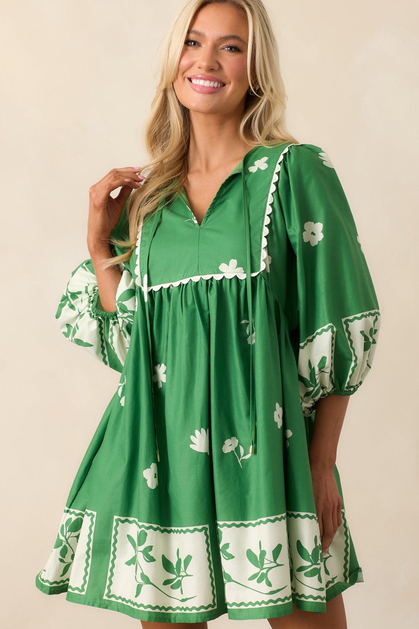 Gentle Breeze Green Cotton Floral Mini Dress Product Image