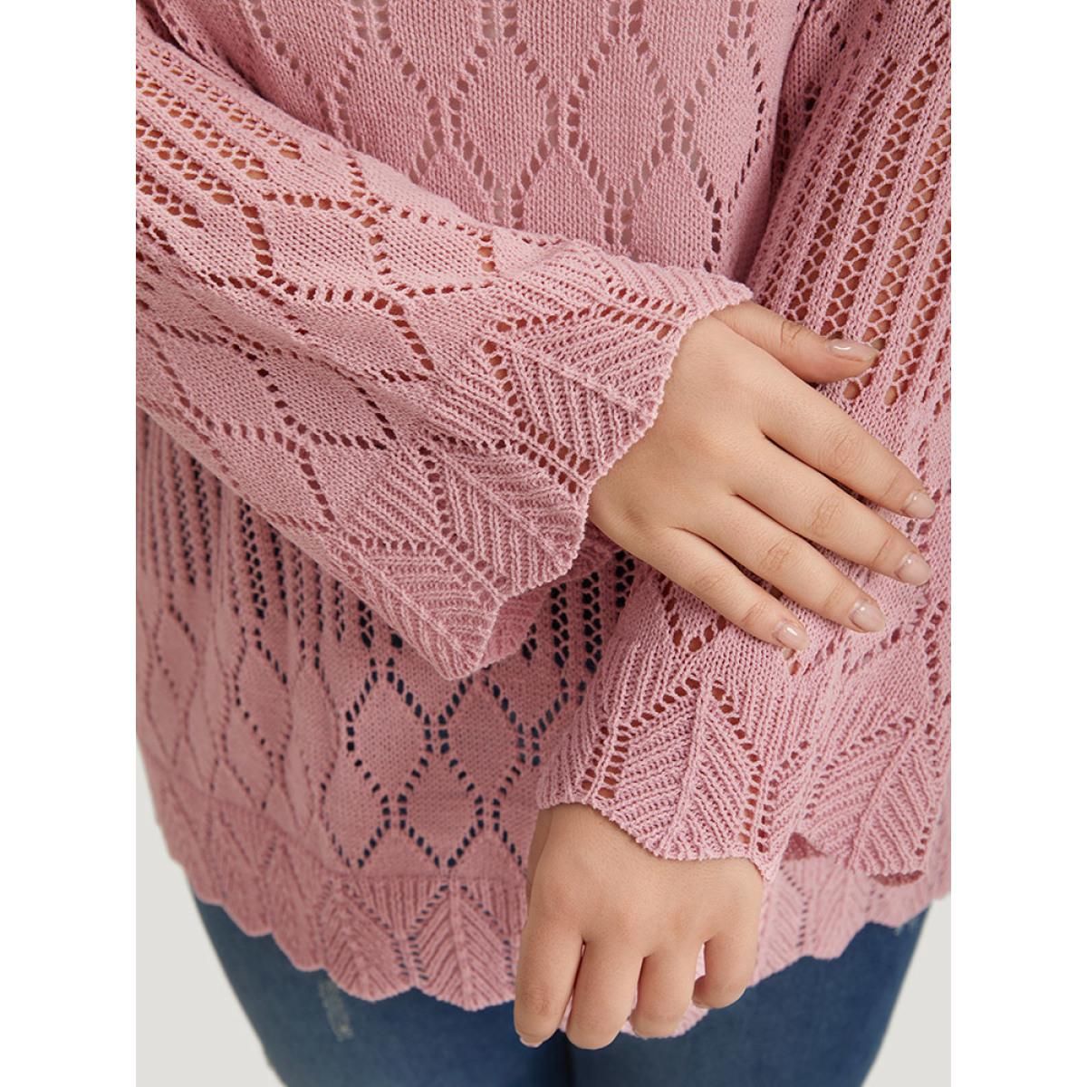 Plus Size Supersoft Essentials Hollow Out Split Side Bell Sleeve Pullover Watermelon Women Casual Loose Long Sleeve Round Neck Everyday Pullovers BloomChic 26/4X Product Image