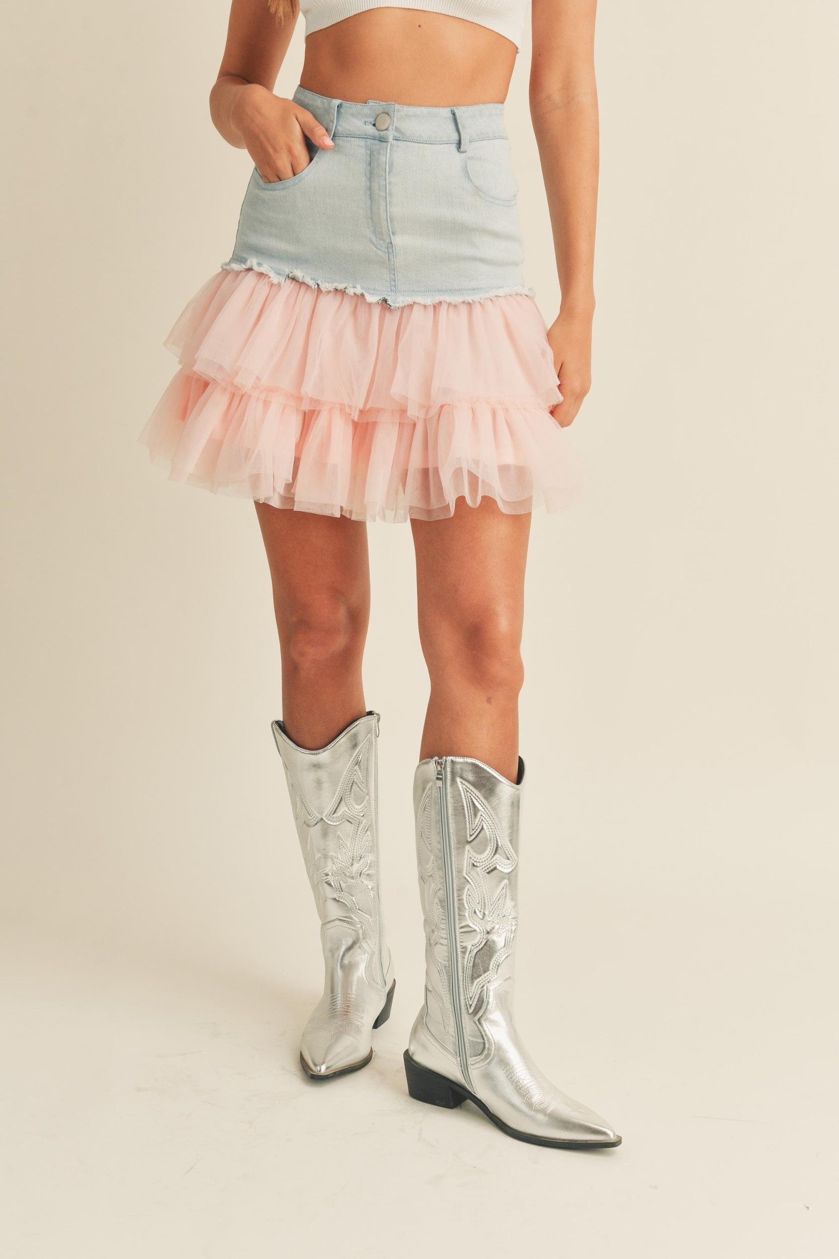 Denim Mini Skirt with Tulle Product Image
