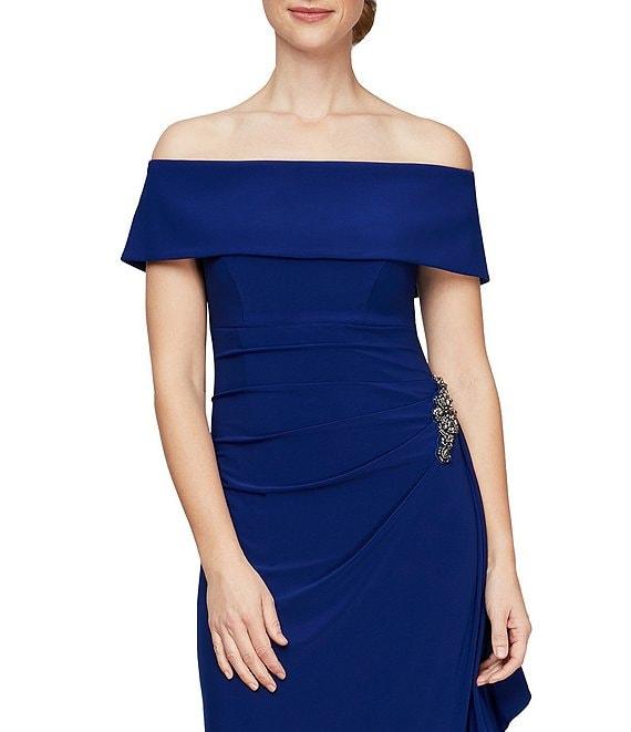 Alex Evenings Off-the-Shoulder Short Sleeve Stretch Matte Jersey Ruched Gown Product Image