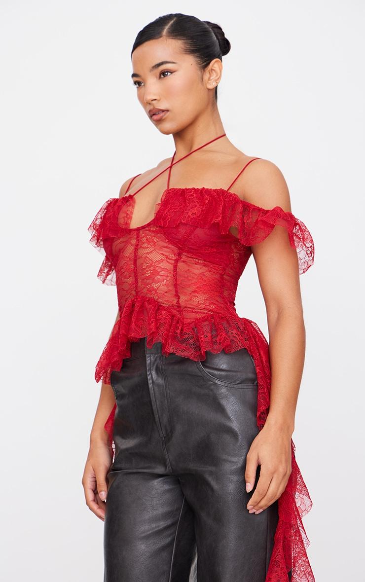 Wine Lace Ruffle Halterneck Long Top Product Image