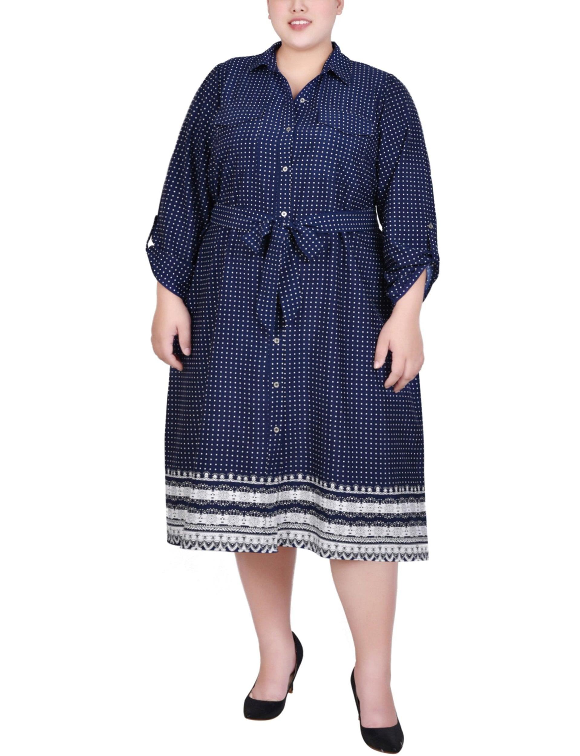 Navy Border 3/4 Roll Tab Sleeve Belted Shirtdress - Plus Product Image