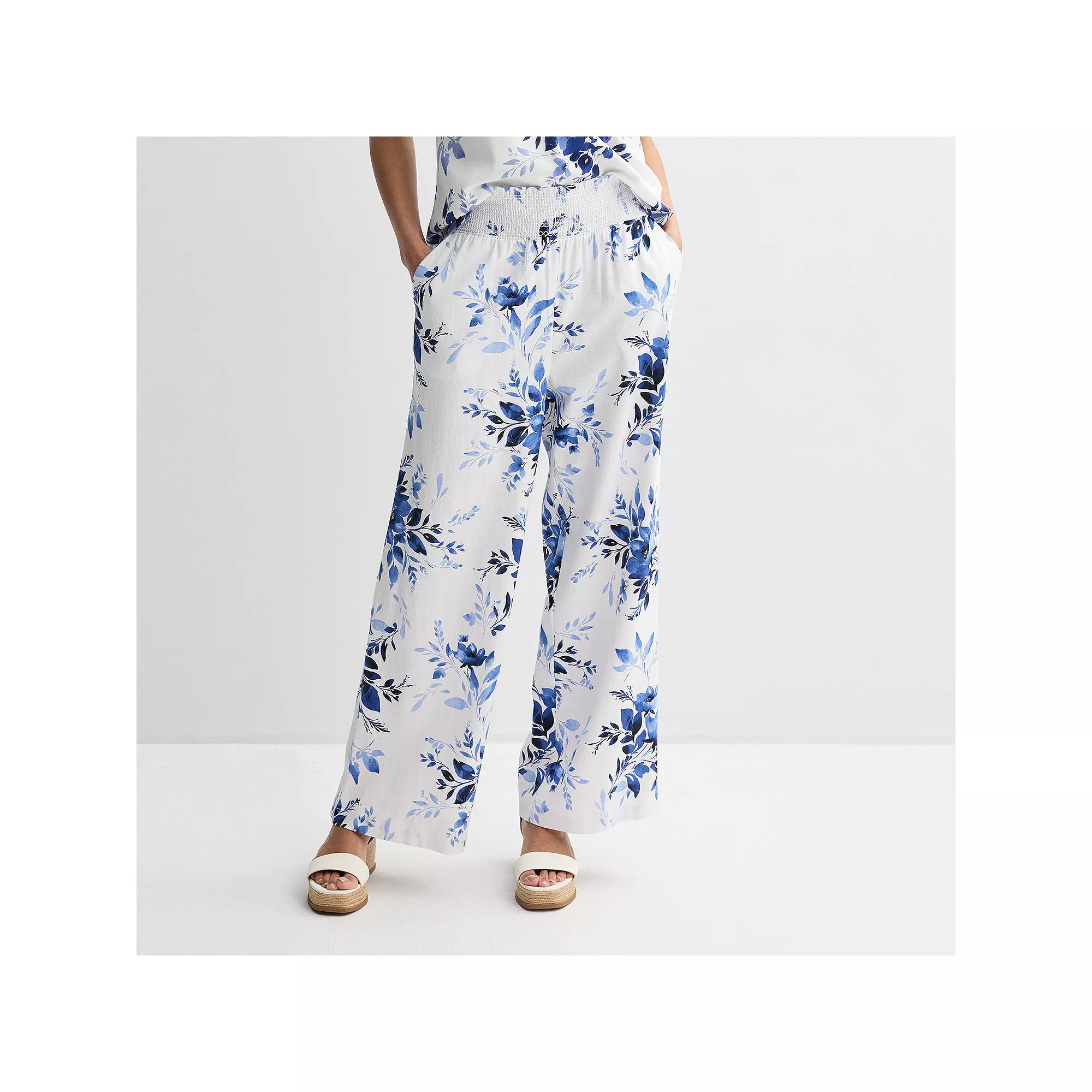 Women's Ellen Tracy Smocked High Waist Linen Pants, Size: Medium, Floral Bloom Product Image