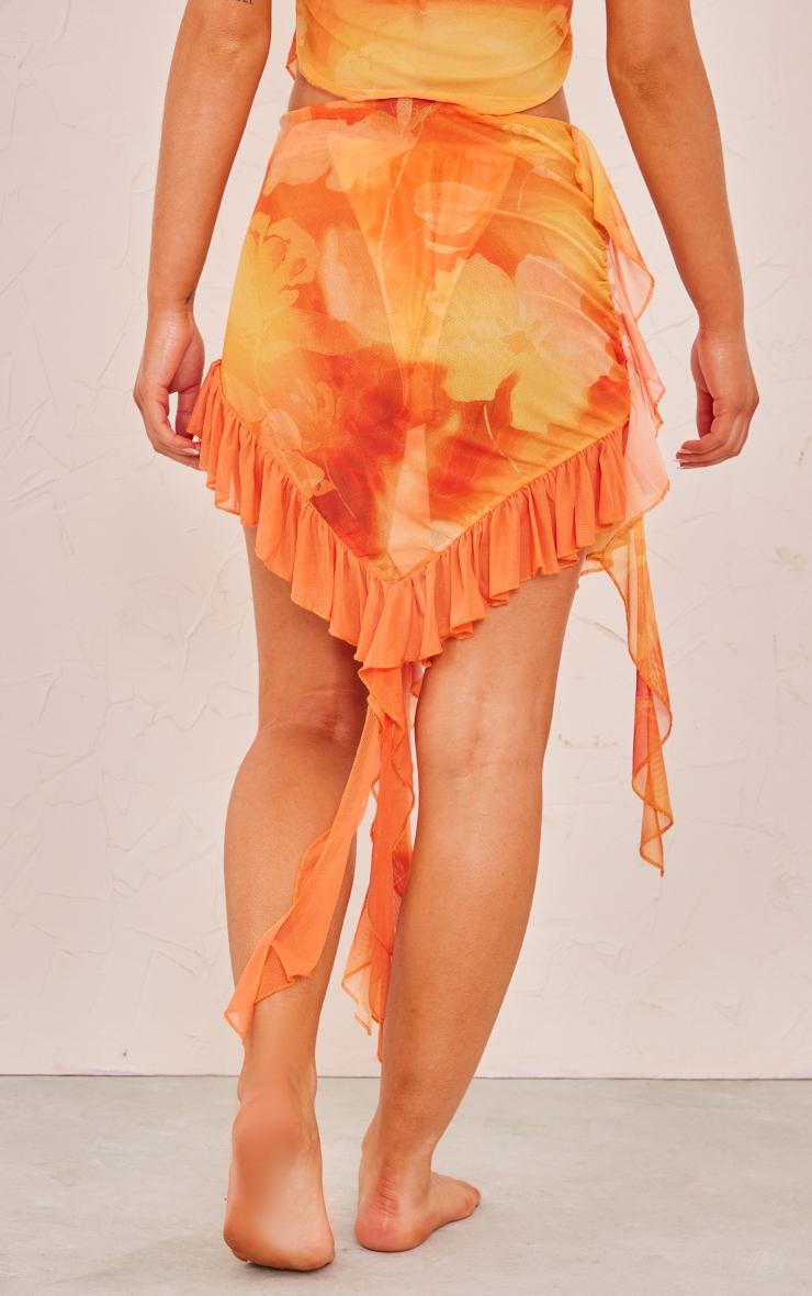 Orange Ombre Flower Print Frill Mesh Beach Skirt Product Image
