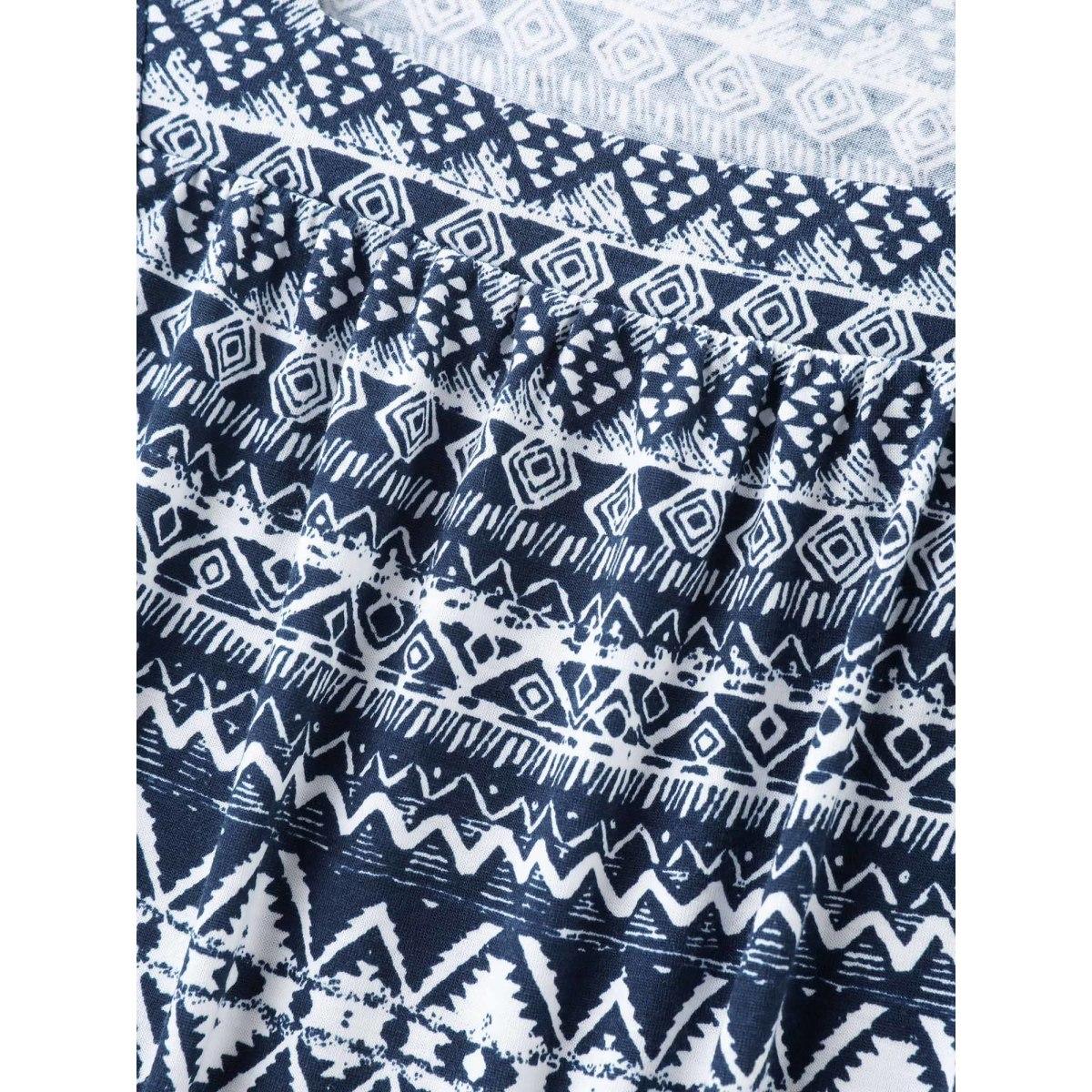 Plus Size Boho Print Square Neck T-Shirt Indigo Women Leisure Gathered Square Neck Casual T-shirts BloomChic 18-20/2X Product Image