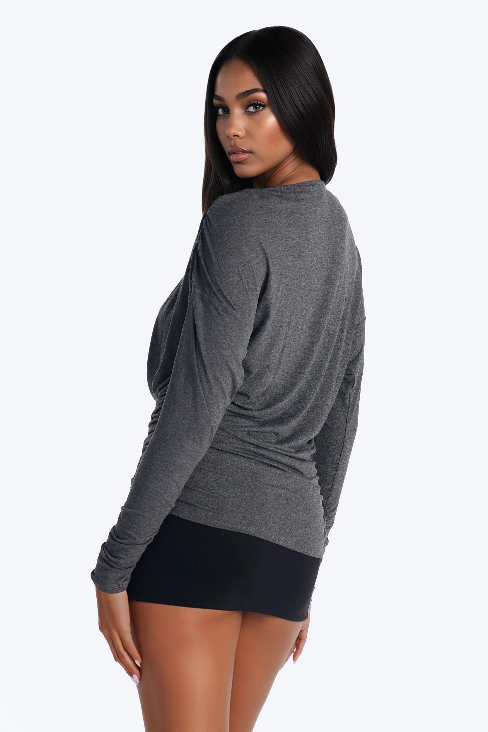 Janette Deep Cowl Neck Long Sleeve Ruched Top - Charcoal Female Product Image