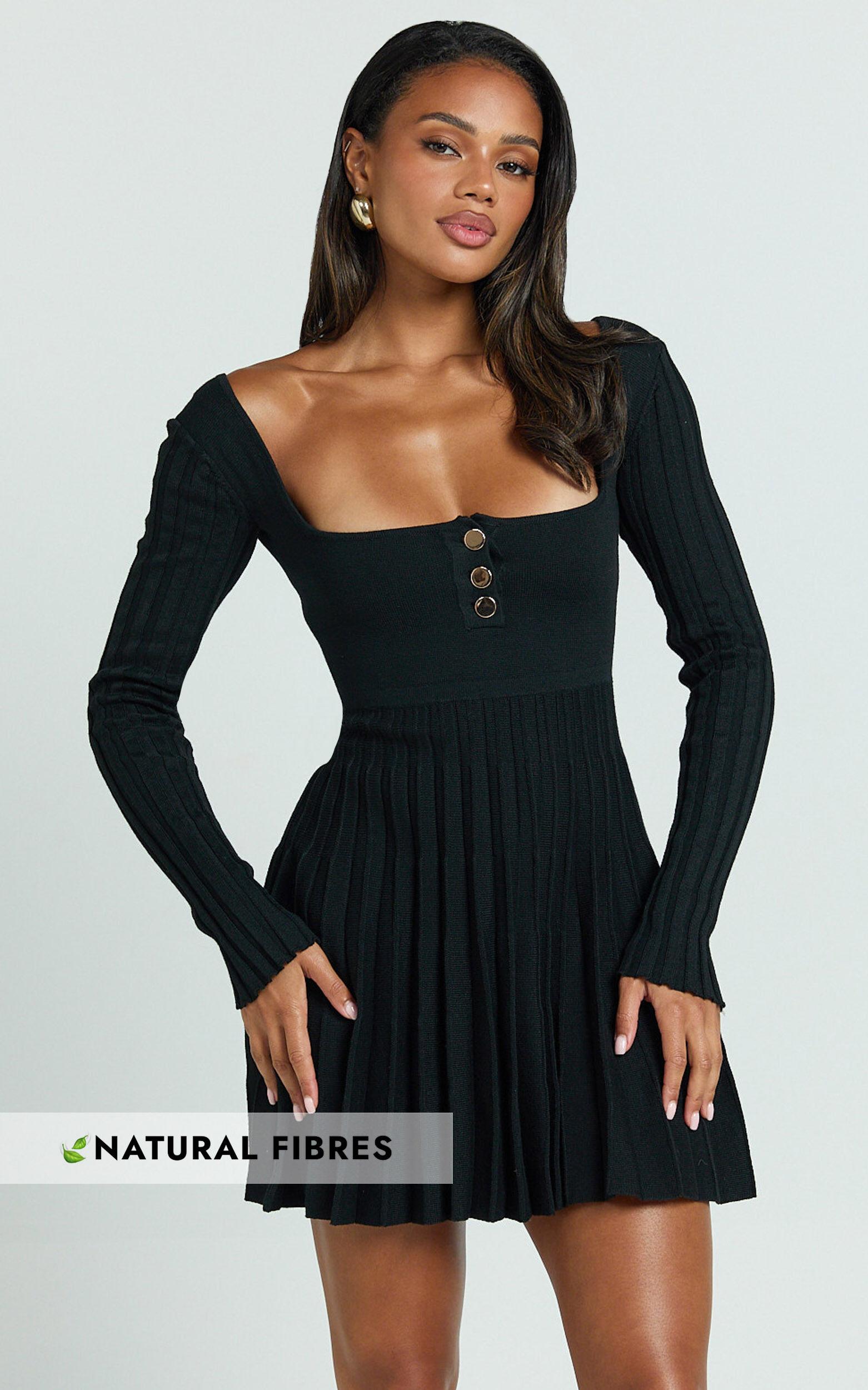 Hansen Mini Dress - Square Neck Long Sleeve Fit And Flare Pleated Dress in Black Product Image