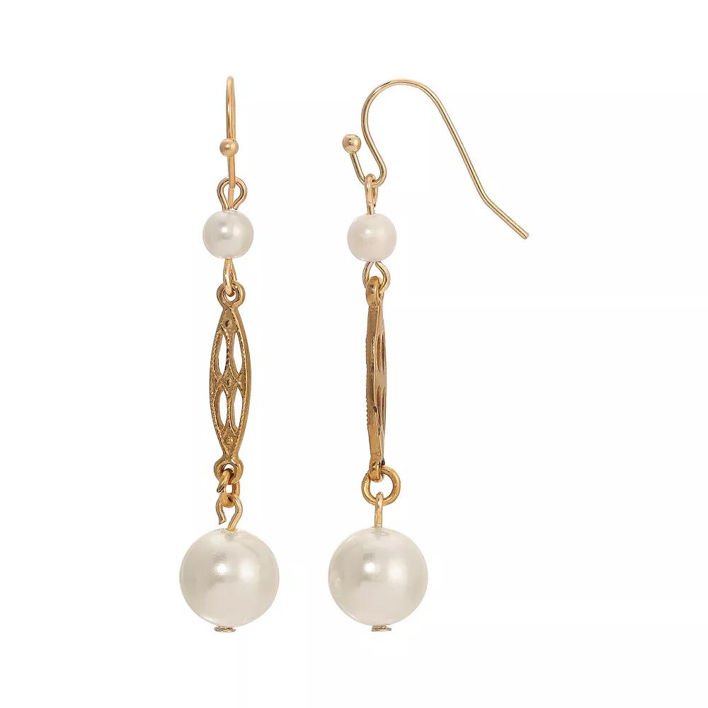 1928 Gold Tone Faux Pearl & Filigree Drop Wire Earrings, Womens, White Product Image