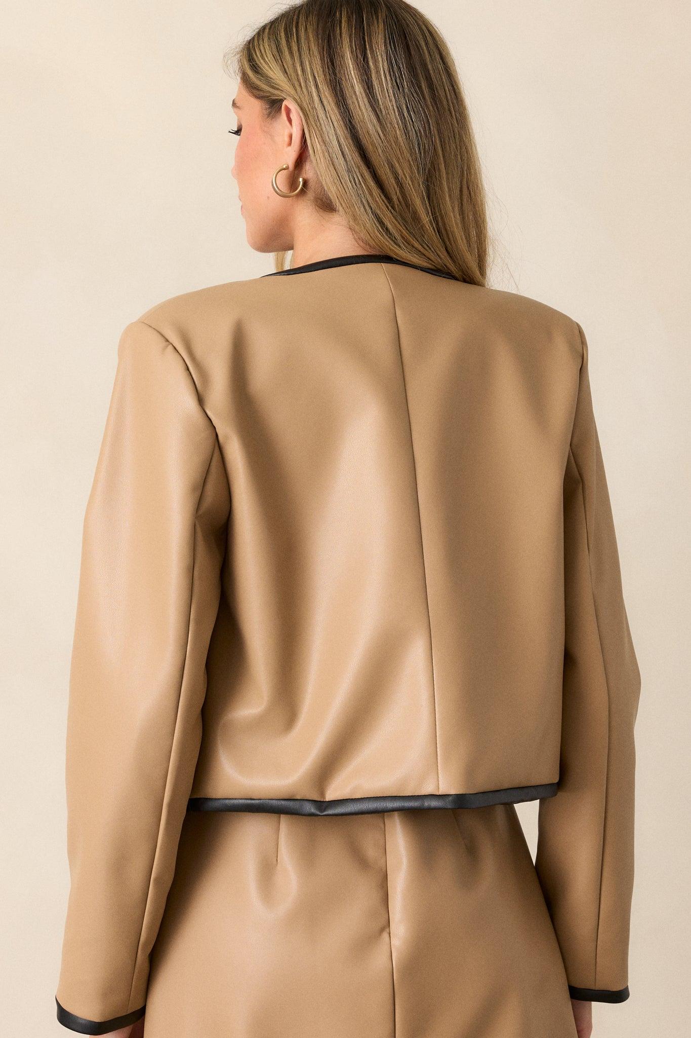Back To Business Camel Button Front Faux Leather Jacket Product Image