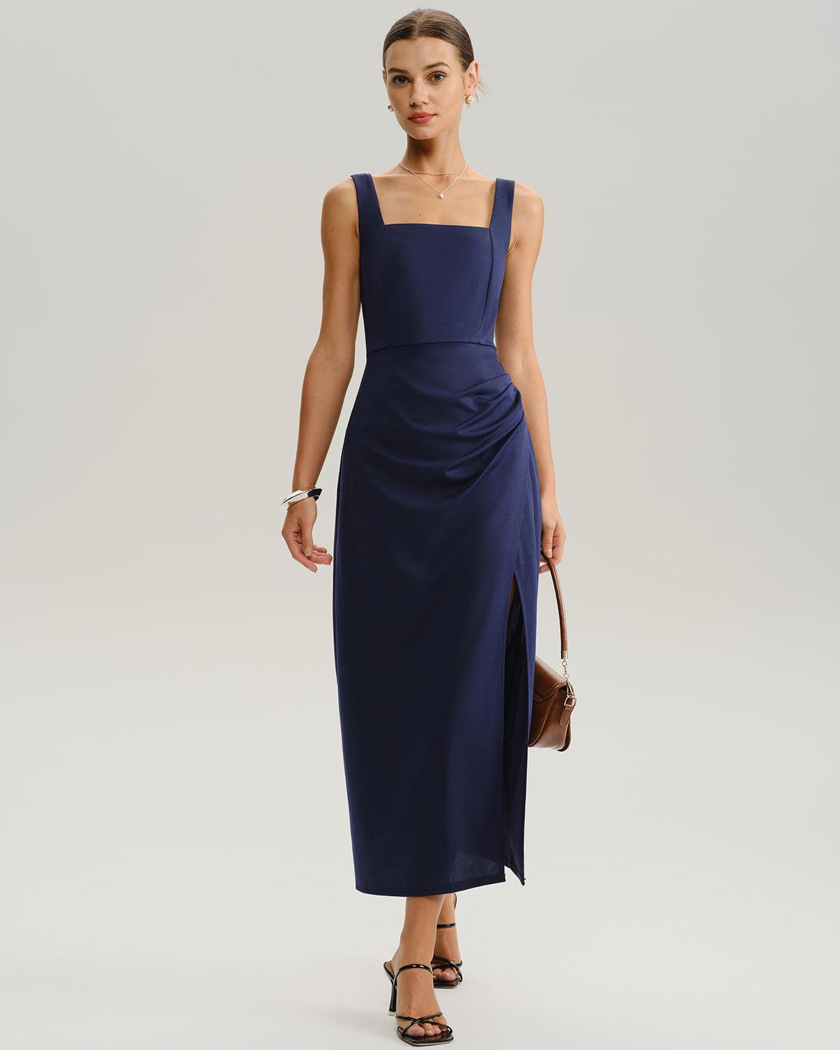 Navy Ruched Slit Slip Maxi Dress Product Image