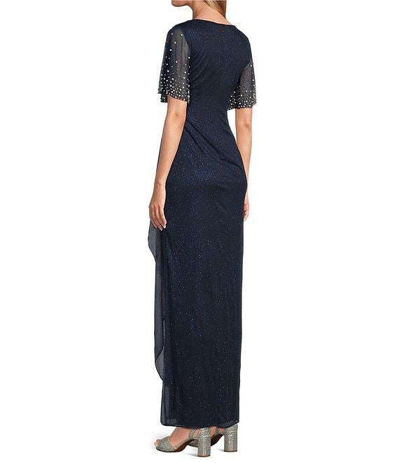 Alex Evenings Glitter Mesh V-Neck Embellished Short Flutter Sleeve Sheath Dress Product Image