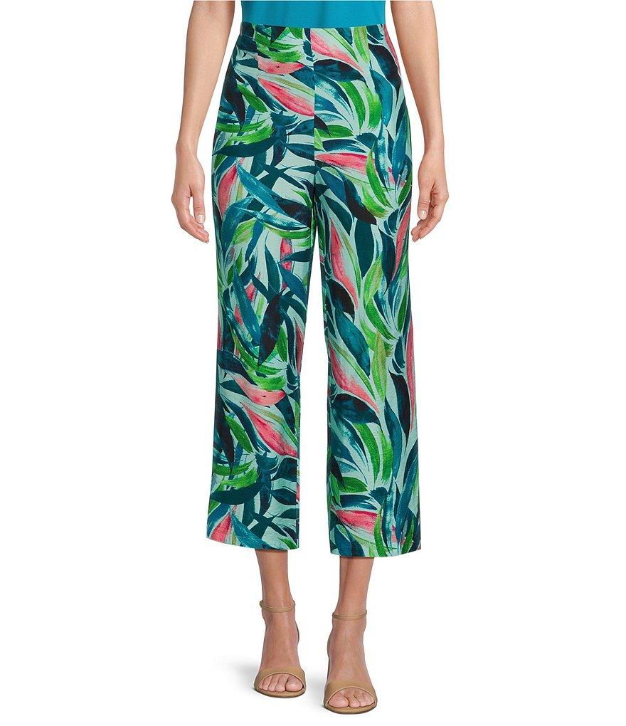 Investments Brushed Tropical Leaves Print Pull-On Wide Leg Crop Pants Product Image