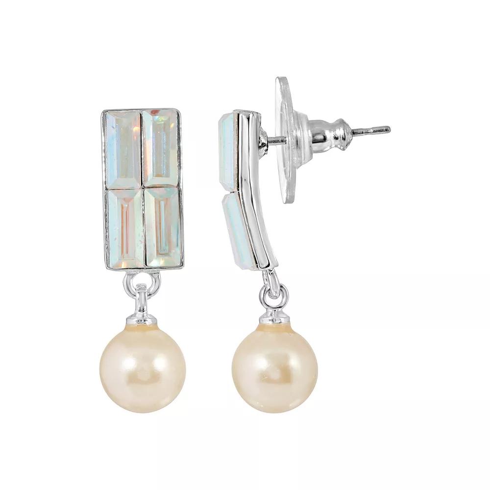 1928 Silver Tone Shimmer Crystal Simulated Pearl Drop Earrings, Women's, White Product Image