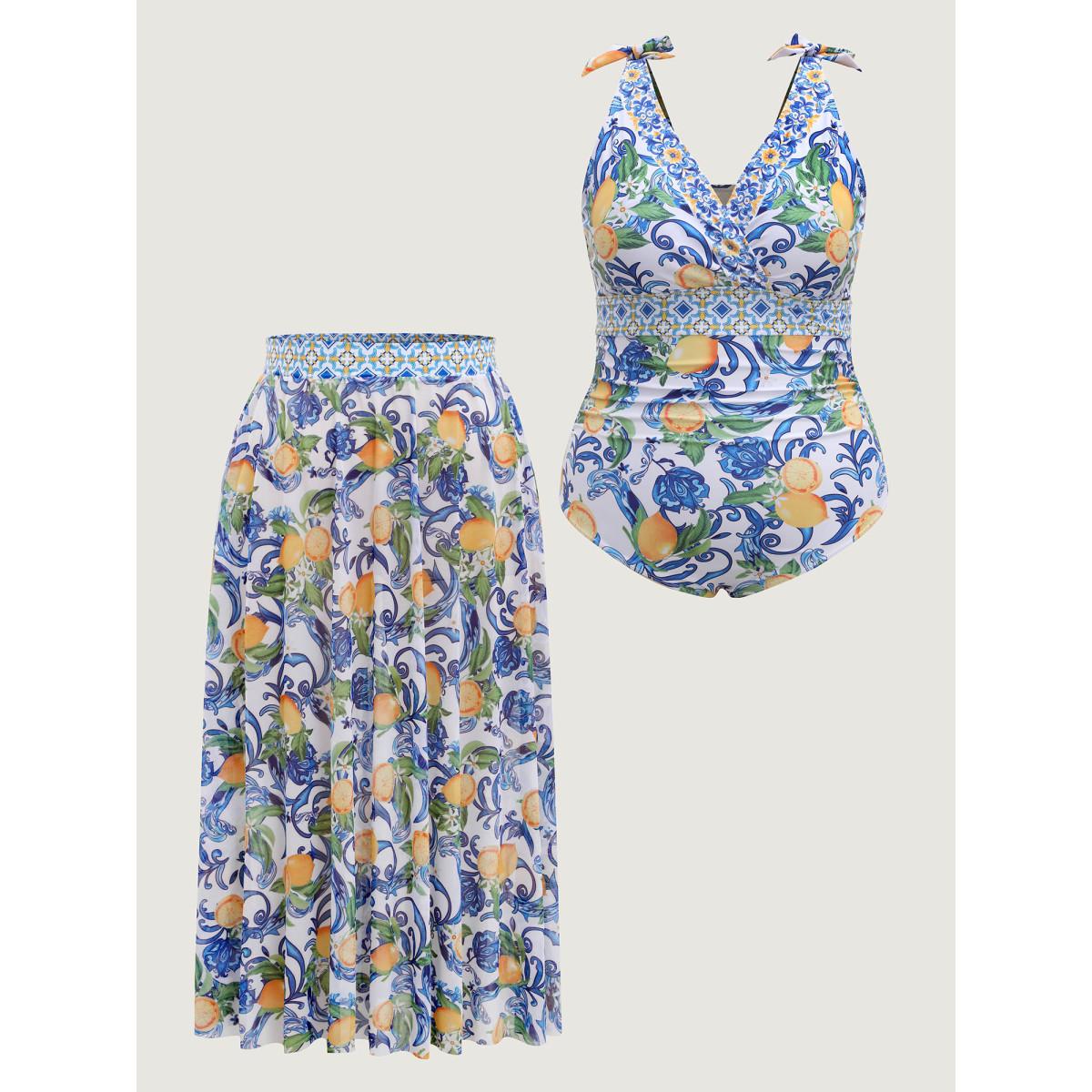 Plus Size Two-Piece Citrus Print Sarong Swimsuit Women's Swimwear Lemonyellow Resort Tie knot Curve Bathing Suits High stretch One Pieces BloomChic 22-24/3X Product Image