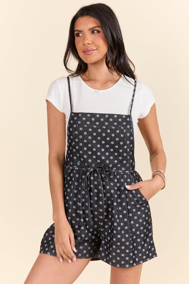 Better Perspective Black Floral Denim Romper Product Image