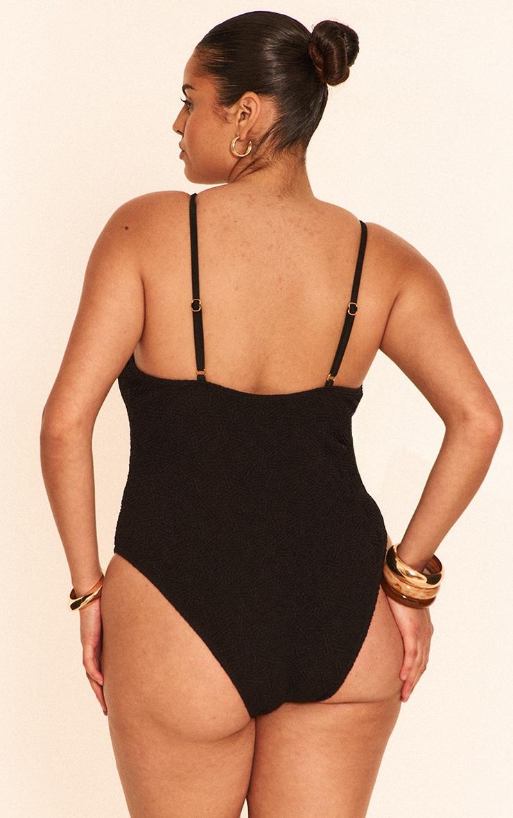 Plus Black Textured Bead Trim Plunge Swimsuit Product Image