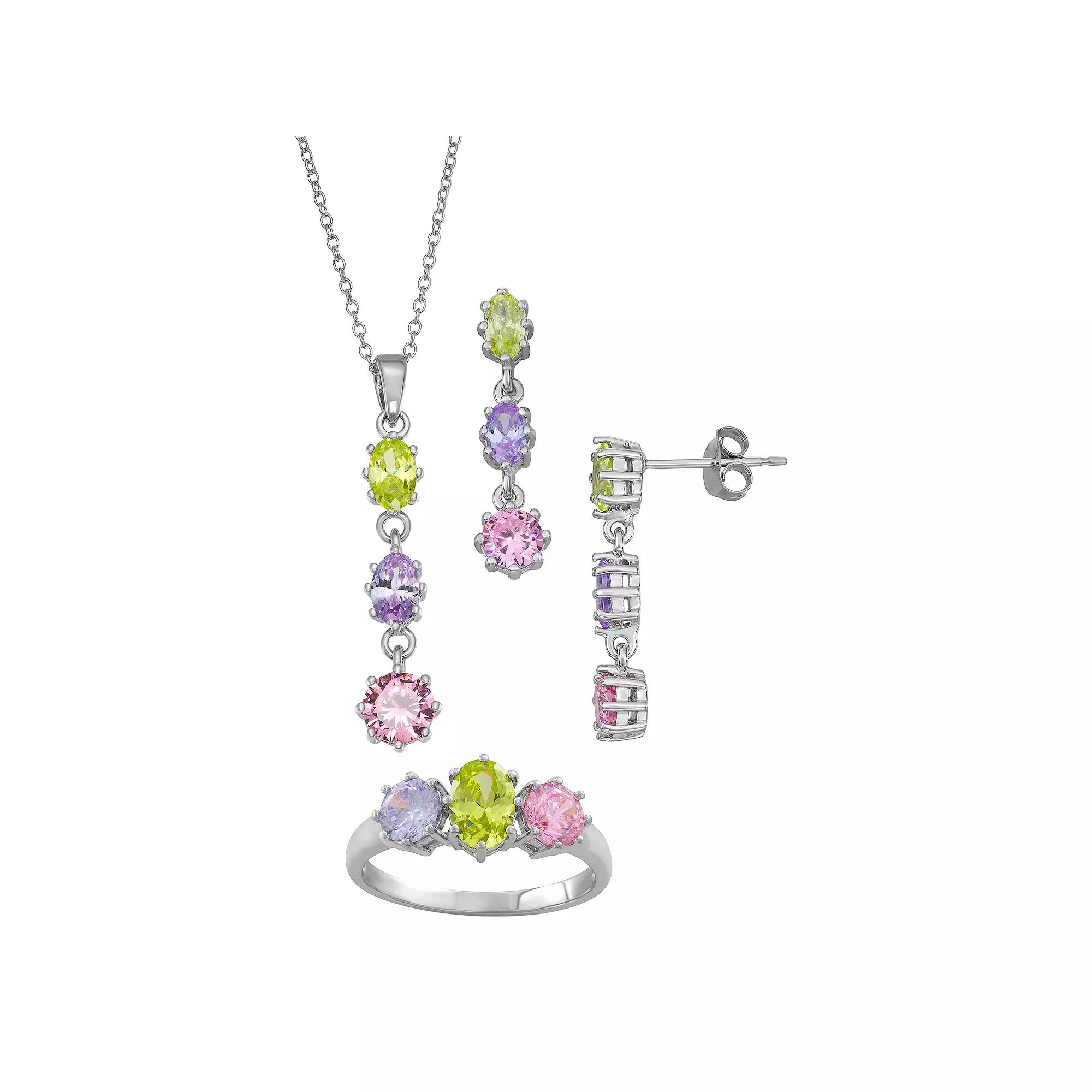 Sterling Silver Pastel Cubic Zirconia Pendant, Earring & Ring Set, Women's, Size: 18" Product Image