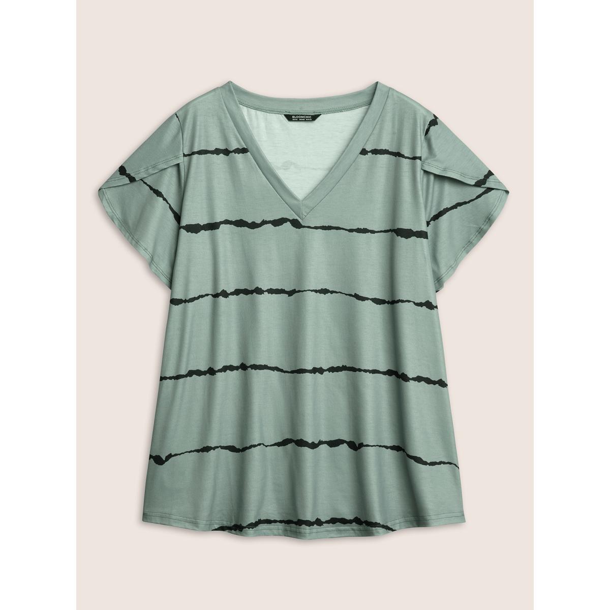 Plus Size Striped Contrast Petal Sleeve T-shirt Mint Women Elegant Striped Everyday T-shirts BloomChic 12/L Product Image