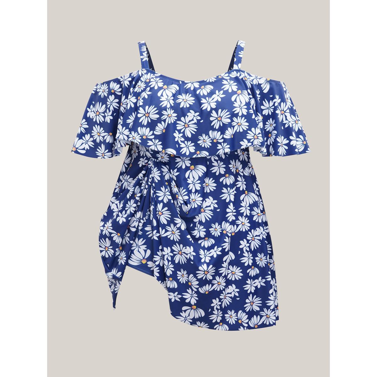 Plus Size Floral Print Cold-Shoulder Swim Dress Women's Swimwear Aegean Beach Bodycon One-shoulder neck High stretch Curve Swim Dresses BloomChic 18-20/2X Product Image