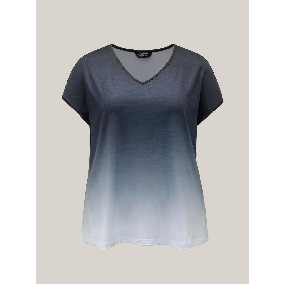 Plus Size Gradient Tie-Dye Stretchy V-Neck T-Shirt Indigo Women Casual Non V-neck Everyday T-shirts BloomChic 26/4X Product Image