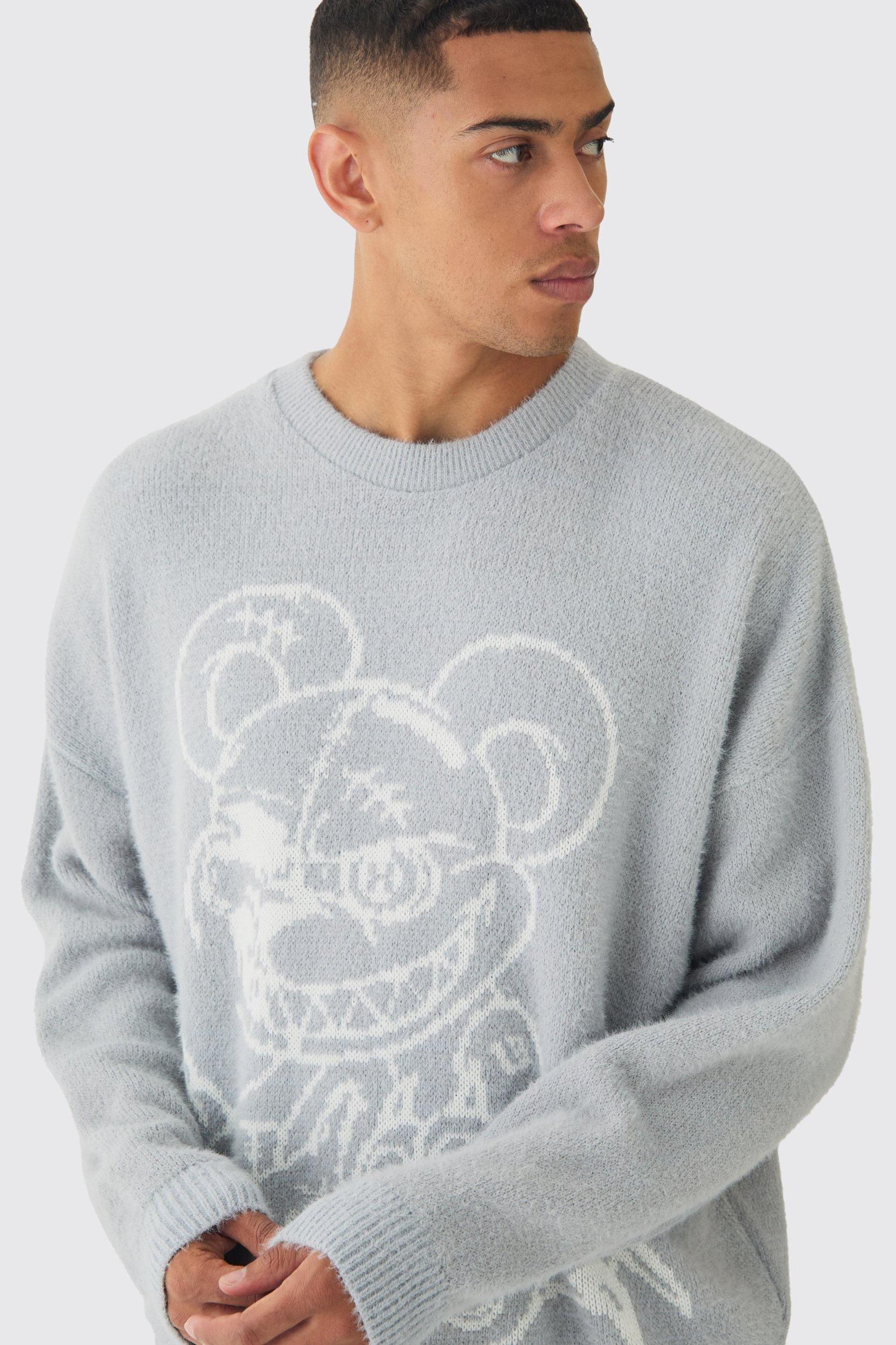 Oversized Fluffy Teddy Sweater in Grey | boohooMAN USA Product Image