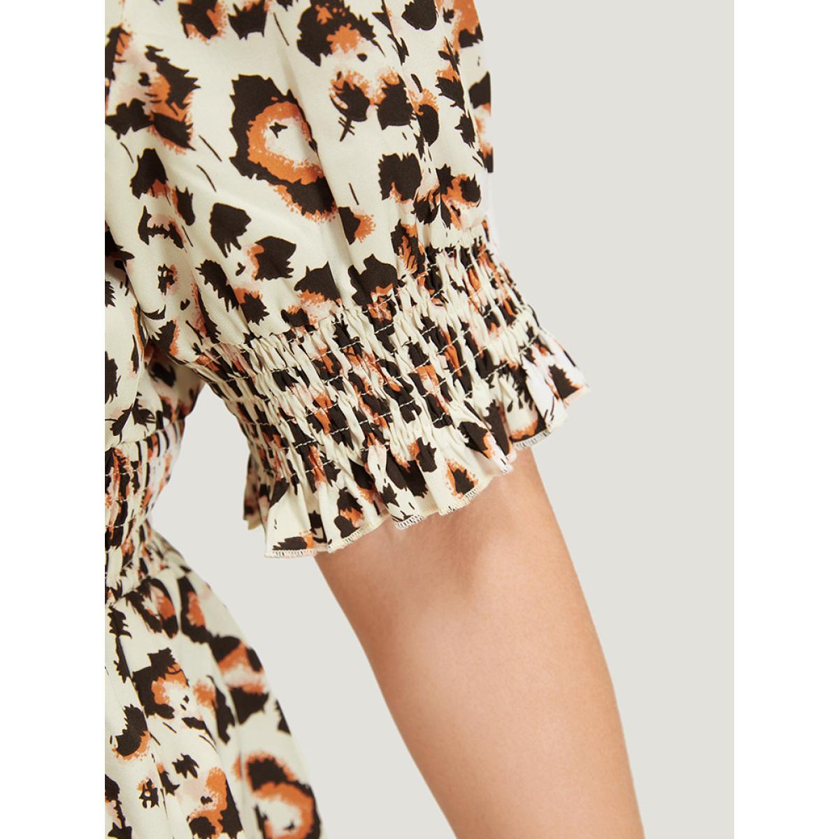 Plus Size Beige Leopard Print Shirred Puff Sleeve Ruffle Sleeve Blouse Women Glamour Short sleeve V-neck Going out Blouses BloomChic 10/M Product Image