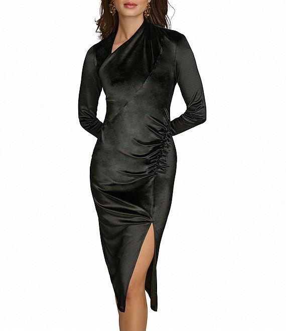 Donna Karan Satin Velvet Asymmetrical Neck Long Sleeve Sheath Dress Product Image