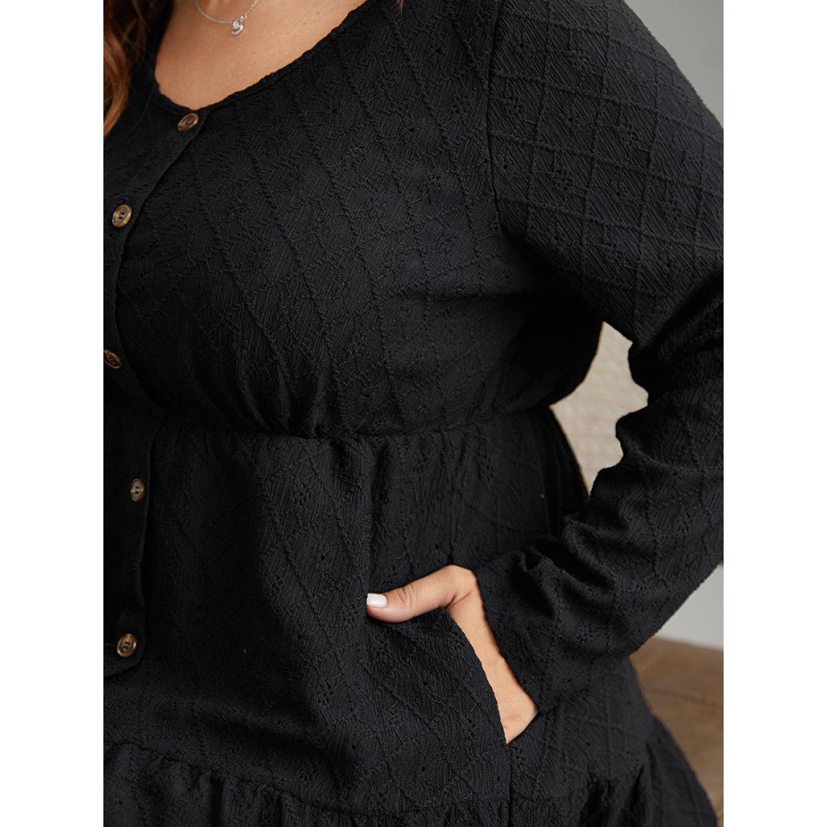Plus Size Plain Gathered Button Detail Texture Ruffle Hem Dress Black Women Office Texture Round Neck Long Sleeve Curvy Midi Dress BloomChic 26/4X Product Image