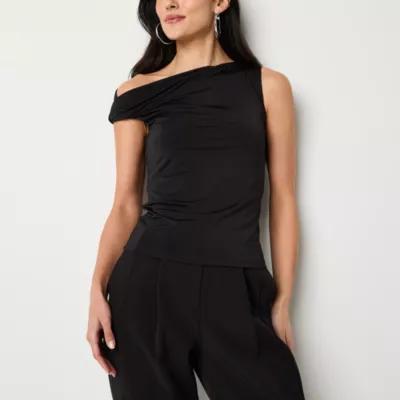 Worthington Womens Asymmetrical Neck Short Sleeve Blouse Product Image