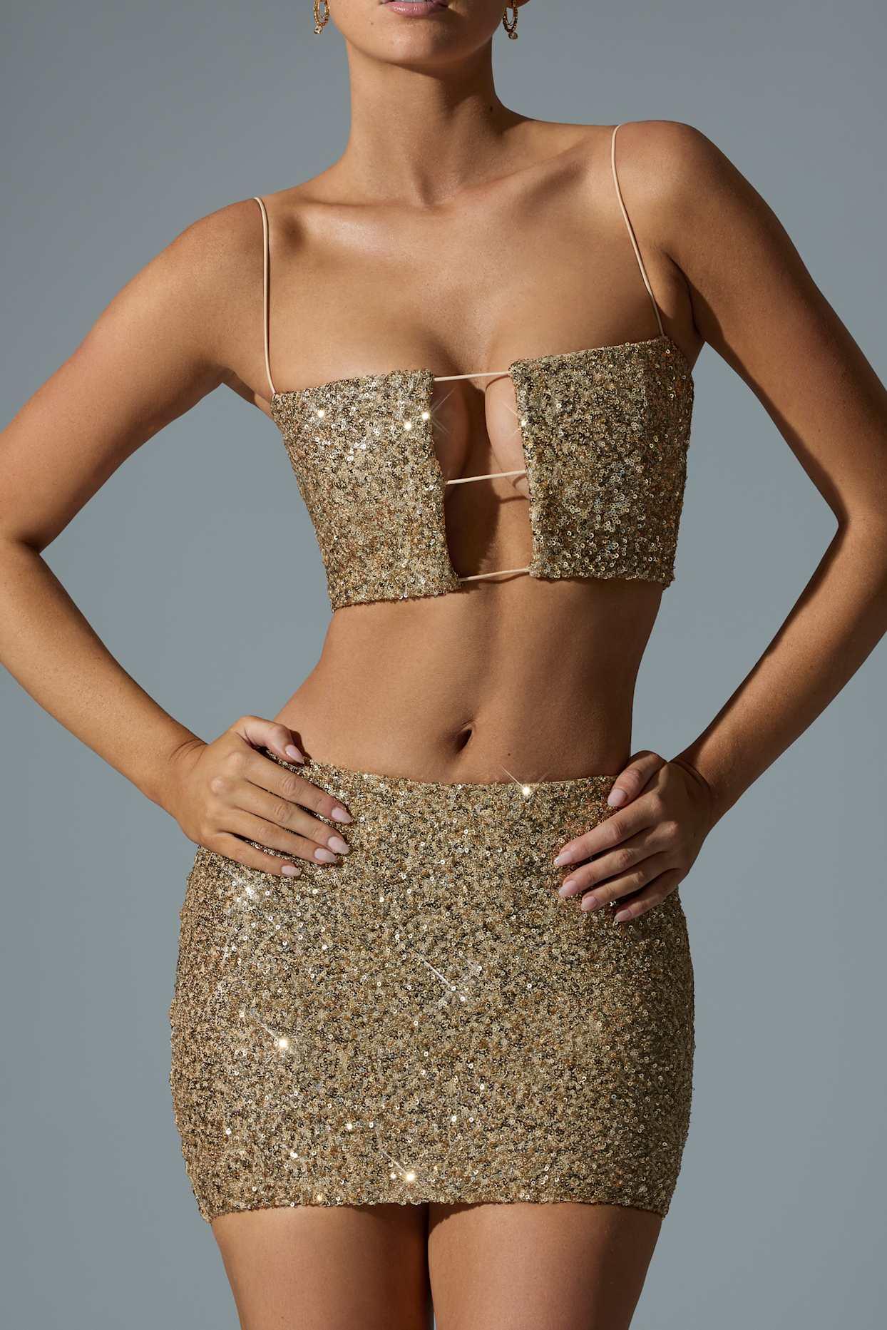 Embellished Mid-Rise Mini Skirt in Gold Product Image