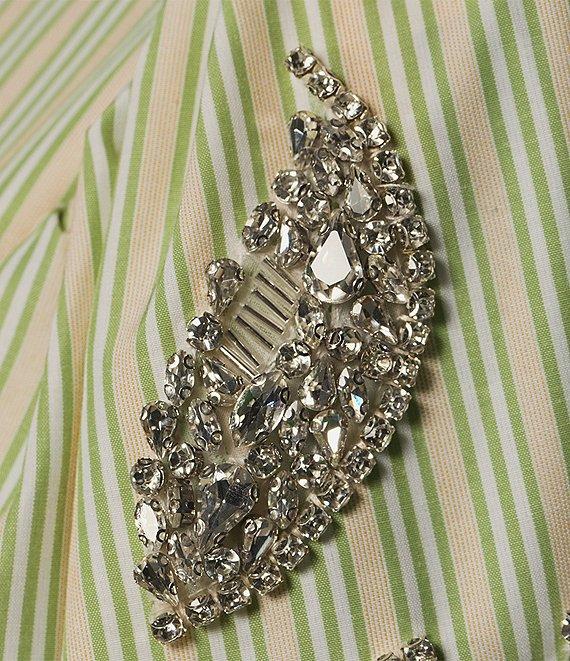 A Loves A Woven Pinstripe Rhinestone Embellished 3/4 Bubble Sleeve Surplice V-Neck Flounce Wrap Midi Dress Product Image