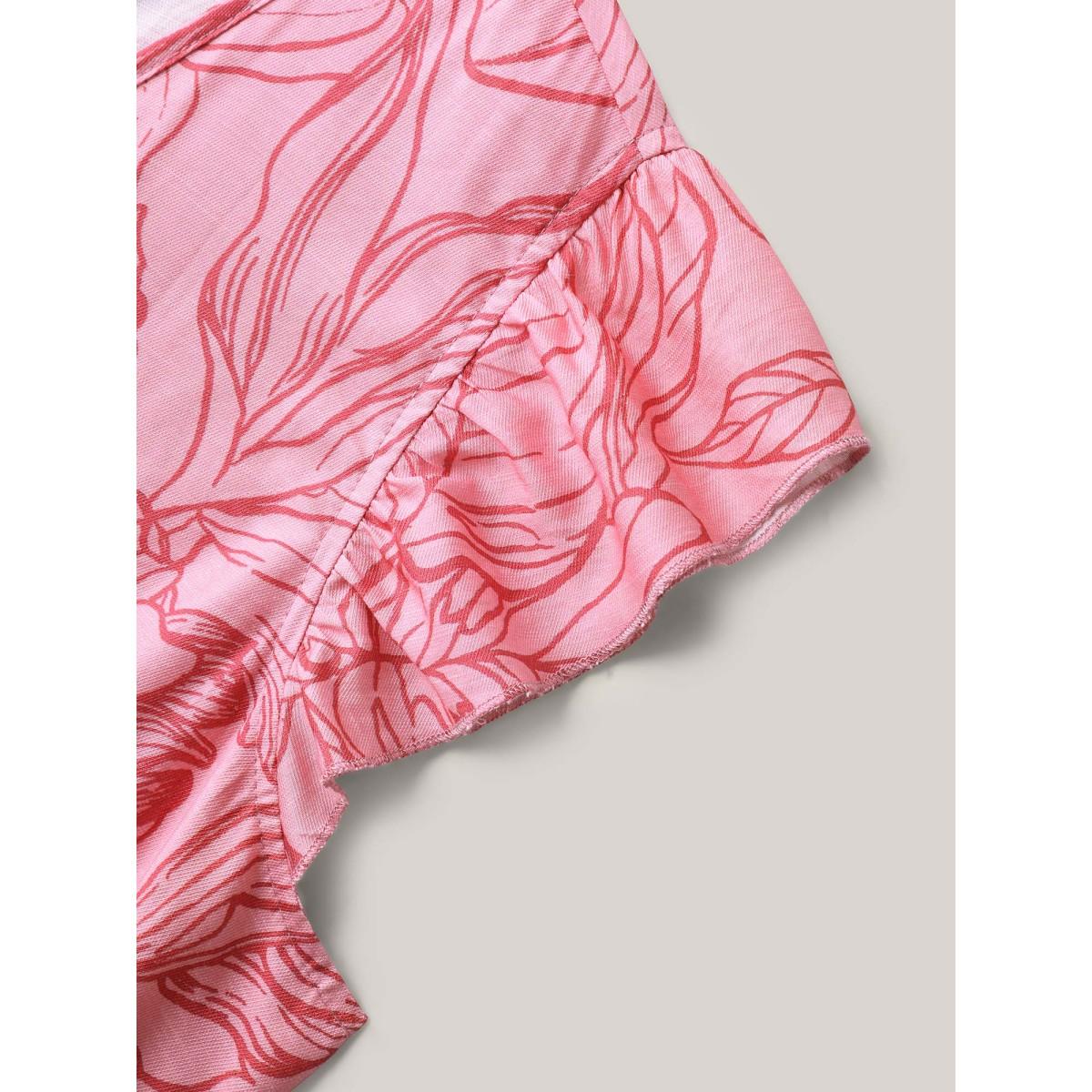 Plus Size Floral Lines Cinched-Waist Pockets Midi Dress Blush Women V-neck Cap Sleeve Curvy BloomChic 14-16/1X Product Image