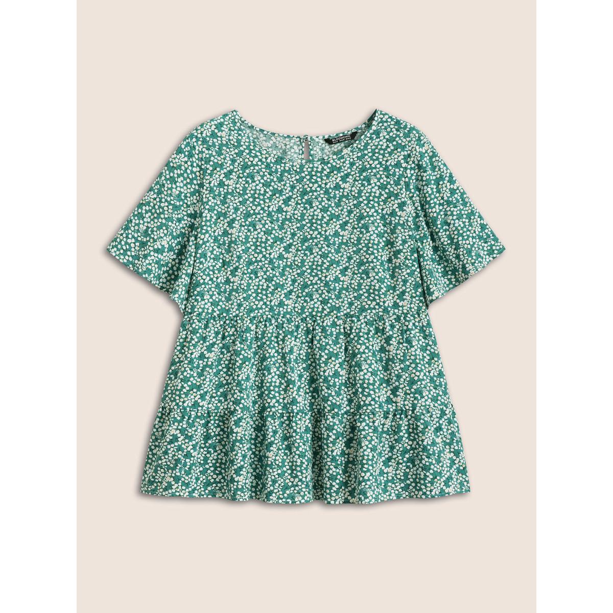 Plus Size Green Ditsy Floral Round Neck Flutter Sleeve Blouse Women Elegant Short sleeve Round Neck Everyday Blouses BloomChic 12/L Product Image