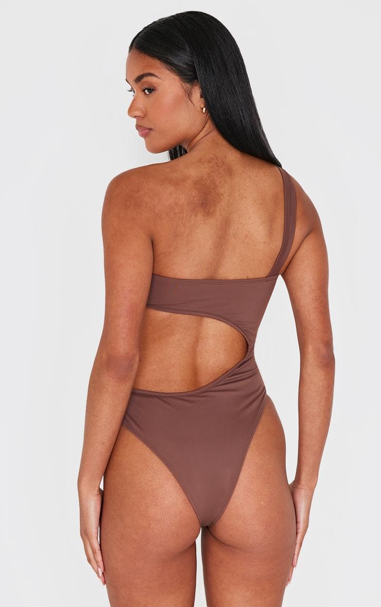Chocolate Cut Out Trim One Shoulder Swimsuit Product Image