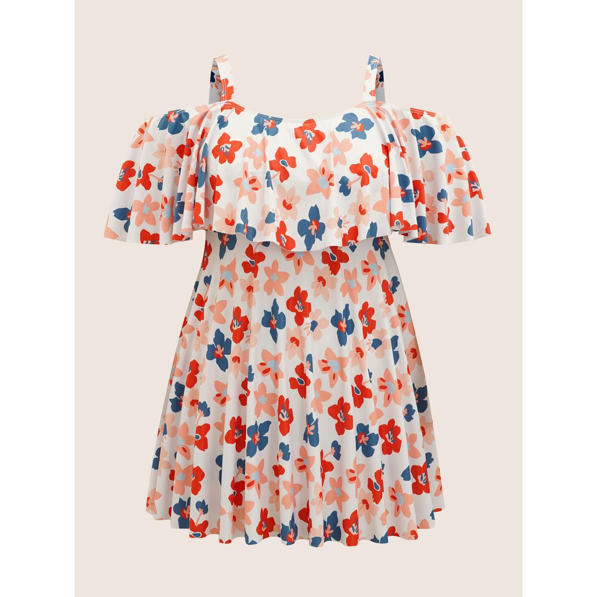 Plus Size Contrast Floral One Shoulder Neck Ruffles Swim Dress Women's Swimwear Beige Beach Bodycon One-shoulder neck High stretch Curve Swim Dresses BloomChic 18-20/2X Product Image