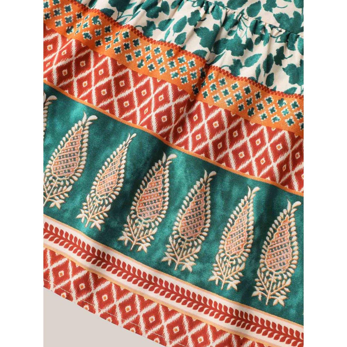 Plus Size Stretchy Waist Boho Print Tied Midi Skirt Women Turquoise Elegant Drawstring Bodycon Low stretch Slanted pocket Everyday Skirts BloomChic 10/M Product Image